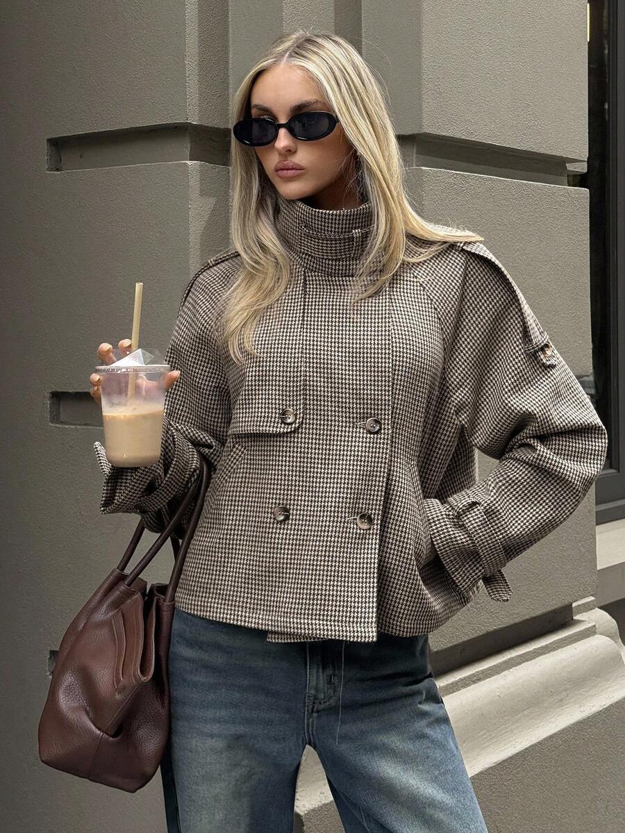 Houndstooth Funnel Neck Jacket