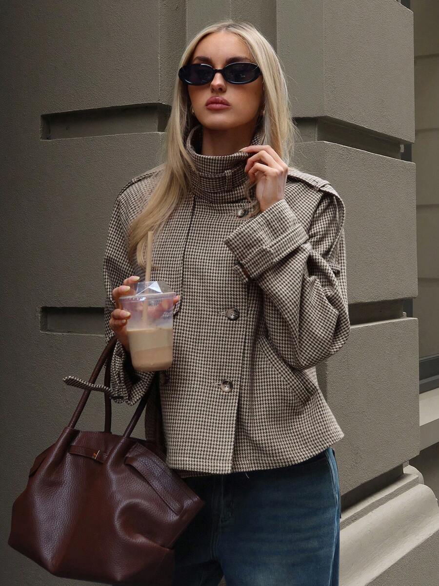 Houndstooth Funnel Neck Jacket