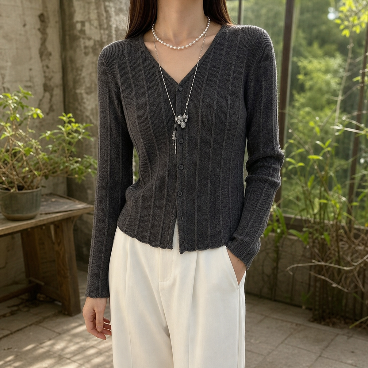 Elle-Pearl Ribbed Cardigan
