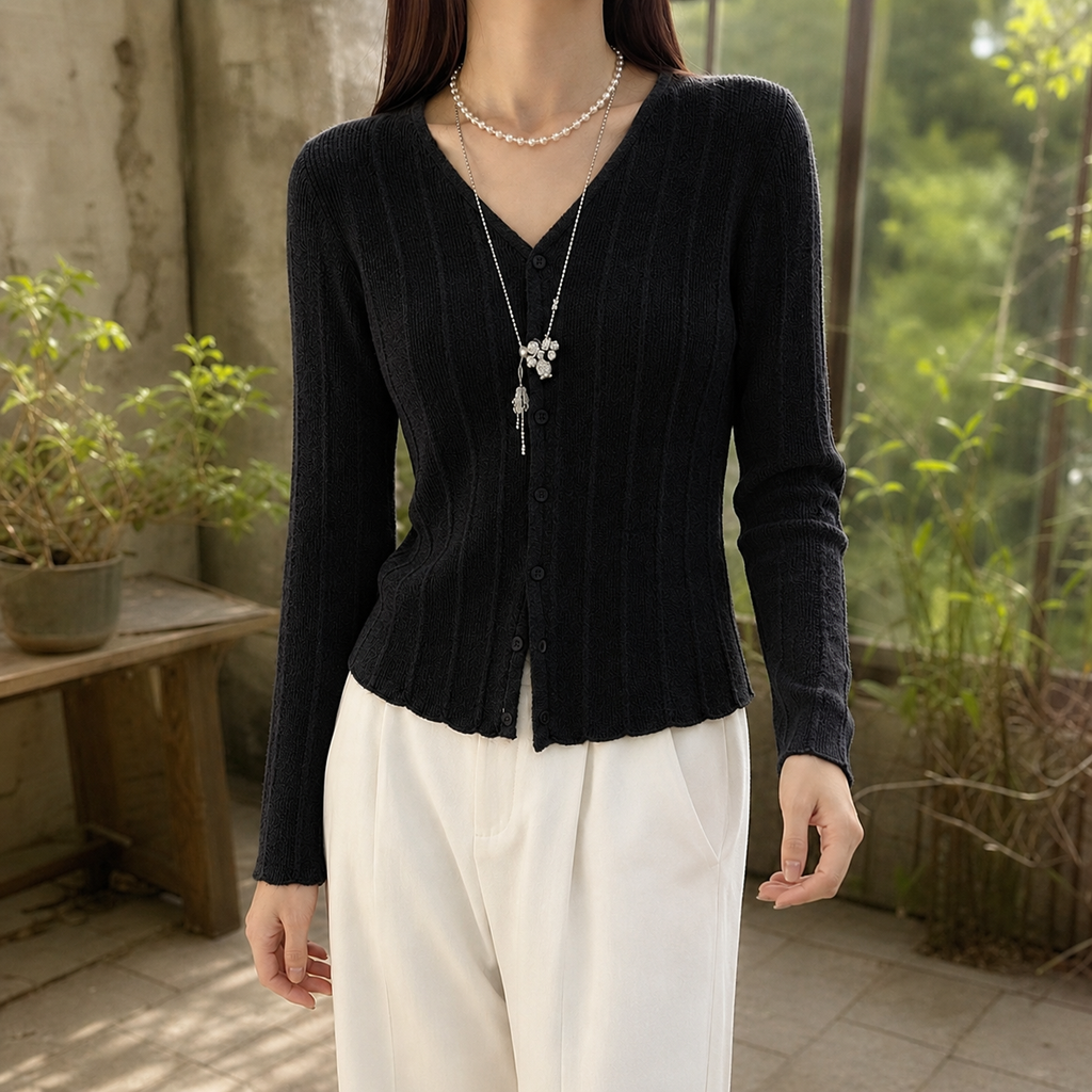 Elle-Pearl Ribbed Cardigan