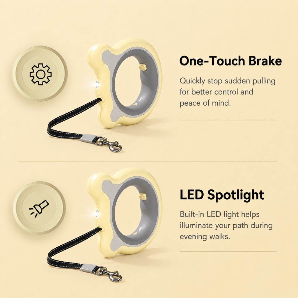 Retractable Dog Leash for Night Walks & Daily Walks - Optional LED Light, 16ft Reflective Tape & One-Touch Brake for Better Visibility and Control