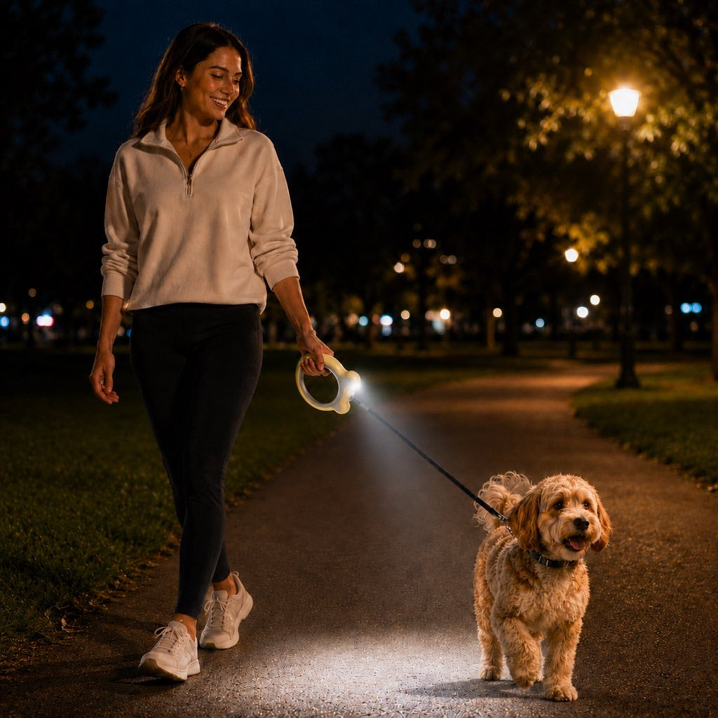 Retractable Dog Leash for Night Walks & Daily Walks - Optional LED Light, 16ft Reflective Tape & One-Touch Brake for Better Visibility and Control