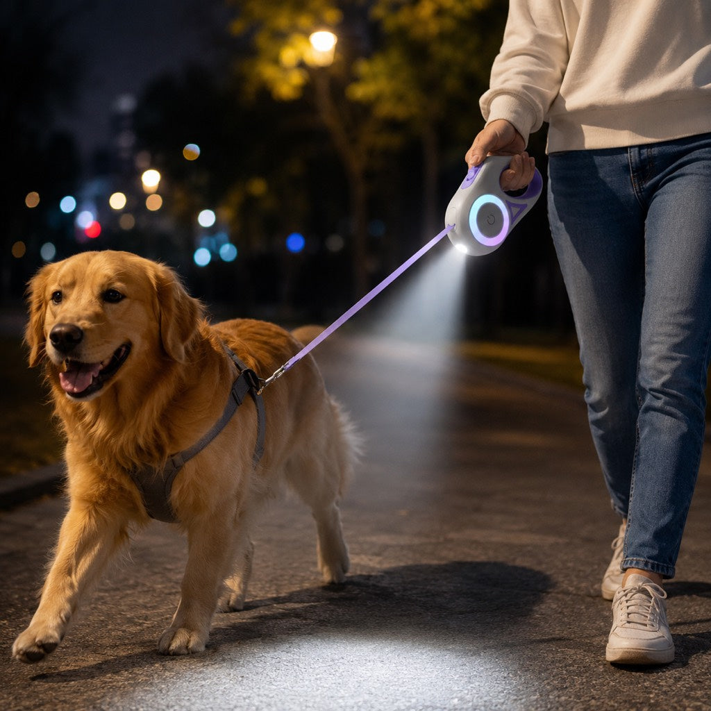 LED Retractable Dog Leash for Night Walks - Light-Up Dog Leash with Built-In Spotlight, RGB Side Glow & One-Touch Brake for Safer Evening Walks