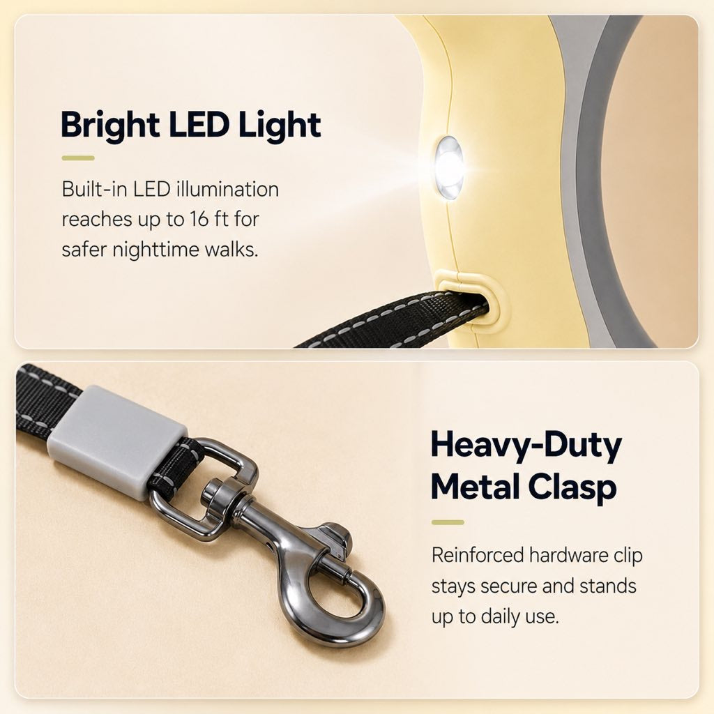 Retractable Dog Leash for Night Walks & Daily Walks - Optional LED Light, 16ft Reflective Tape & One-Touch Brake for Better Visibility and Control
