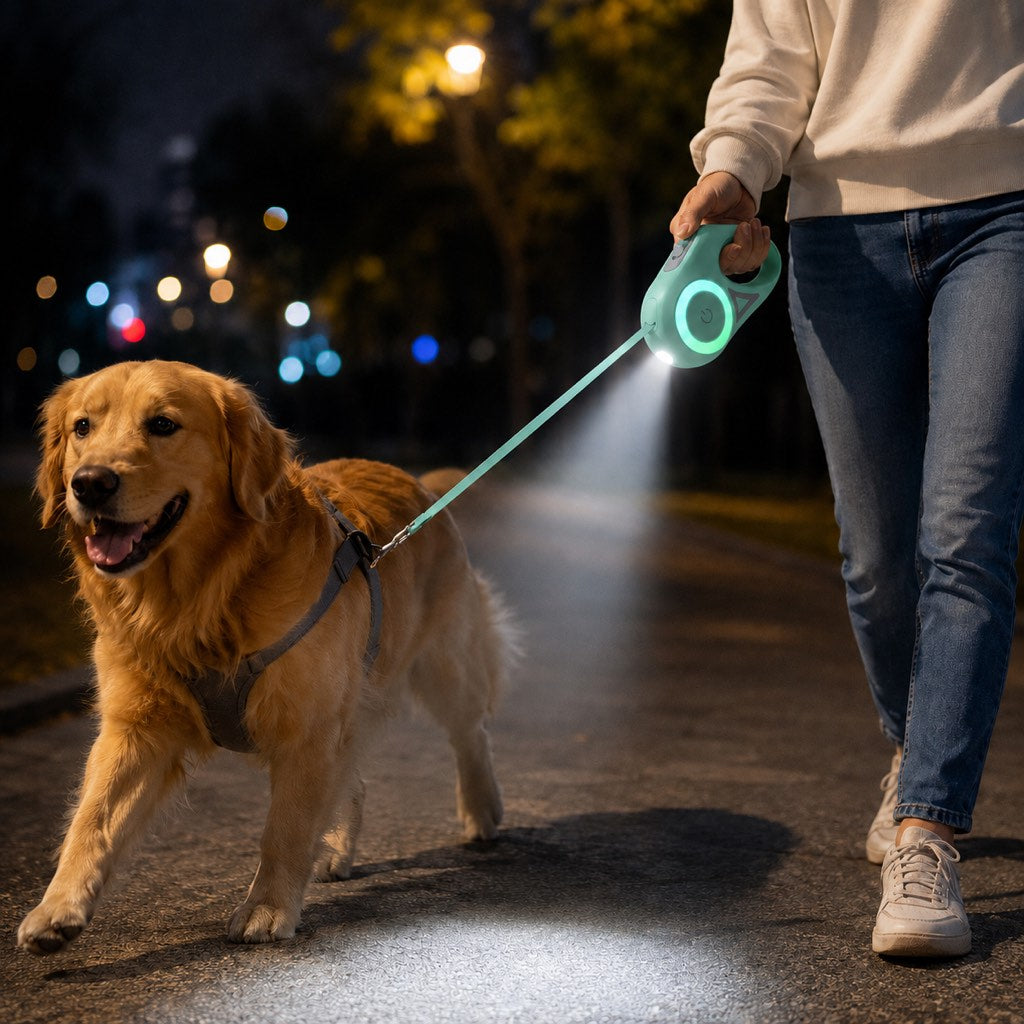 LED Retractable Dog Leash for Night Walks - Light-Up Dog Leash with Built-In Spotlight, RGB Side Glow & One-Touch Brake for Safer Evening Walks
