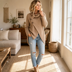 Cowl & Cozy – Asymmetric Cowl-Neck Button-Side Sweater