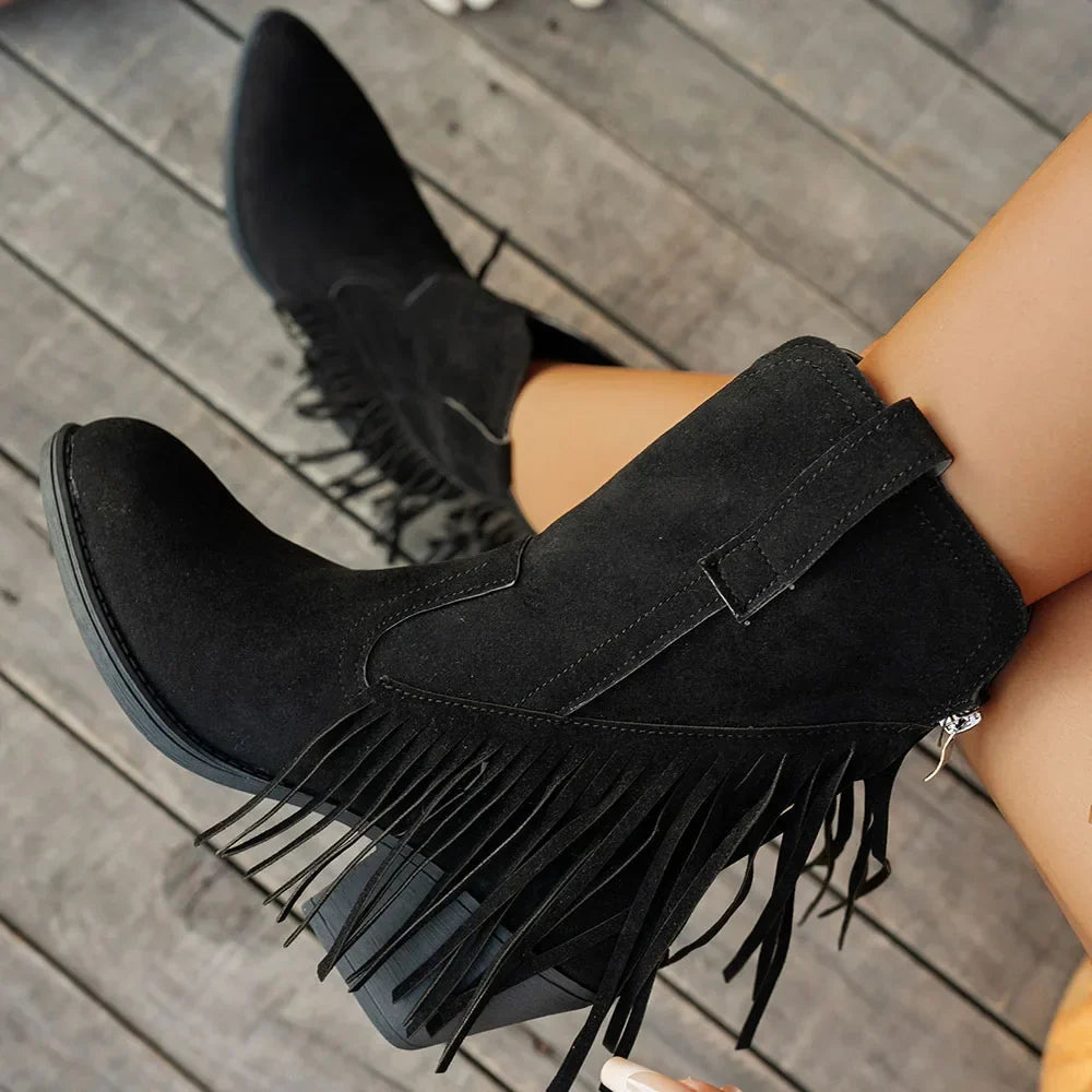 Long Fringe Studded Western Boots with Side Zip