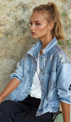 Women's Light Blue Sequin Denim Jacket, Mandarin Collar