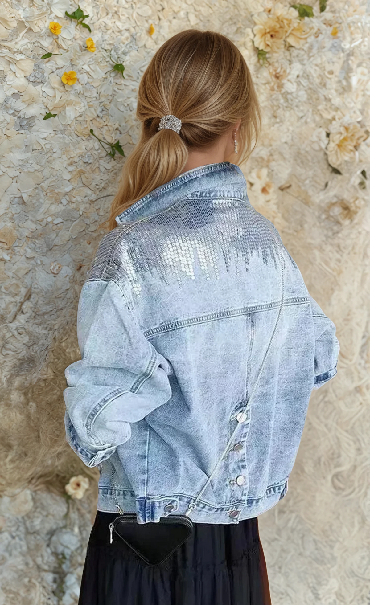 Women's Light Blue Sequin Denim Jacket, Mandarin Collar