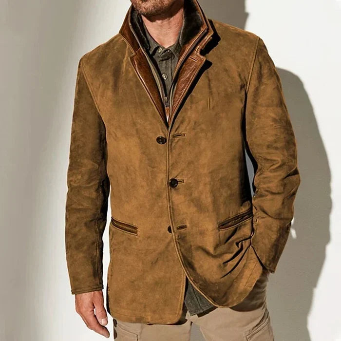 Men's Vintage Suede-Look Jacket, Layered Collar, Button Front