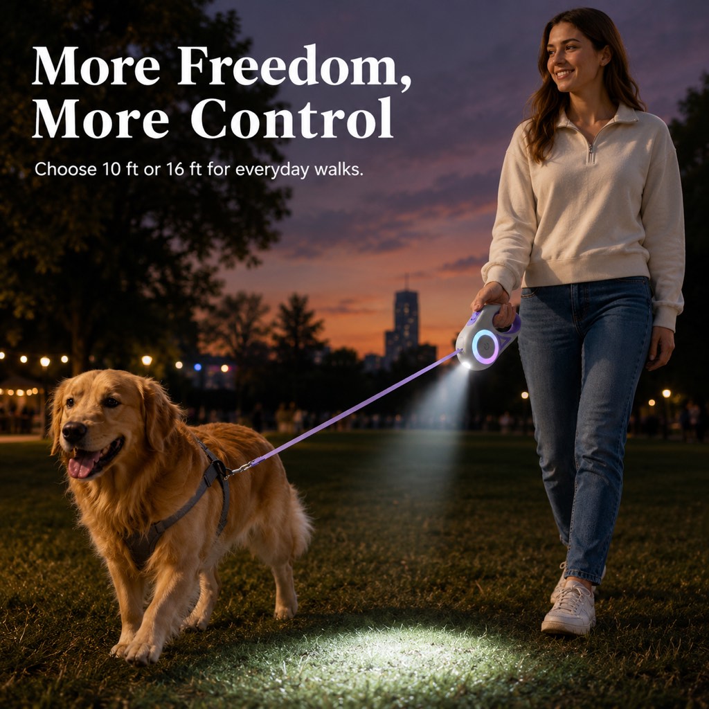 LED Retractable Dog Leash for Night Walks - Light-Up Dog Leash with Built-In Spotlight, RGB Side Glow & One-Touch Brake for Safer Evening Walks