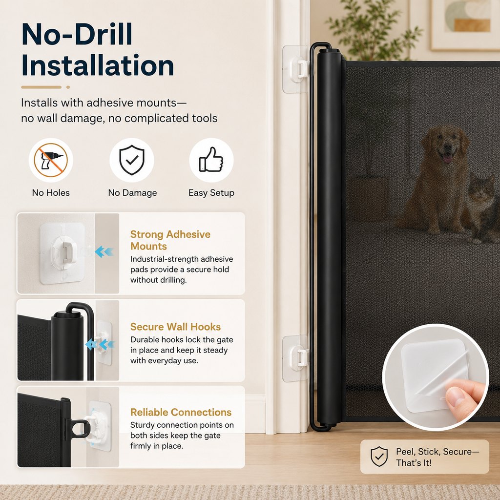 No-Drill Retractable Pet Gate for Doorways, Kitchens & Stairs - Keep Cats and Dogs Safely Out of Off-Limit Areas