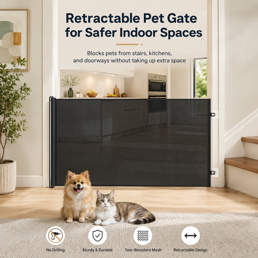 No-Drill Retractable Pet Gate for Doorways, Kitchens & Stairs - Keep Cats and Dogs Safely Out of Off-Limit Areas