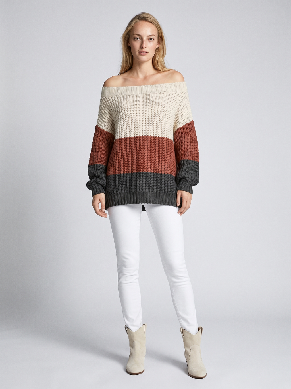 Off-Shoulder Striped Knit Sweater