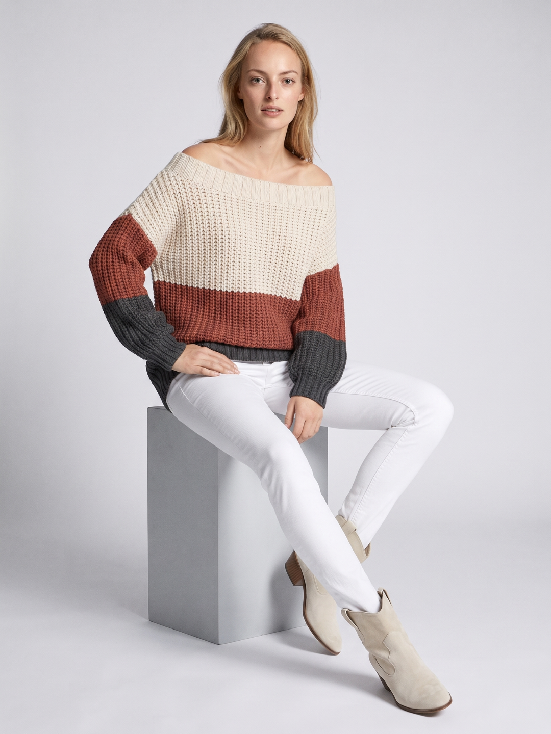 Off-Shoulder Striped Knit Sweater