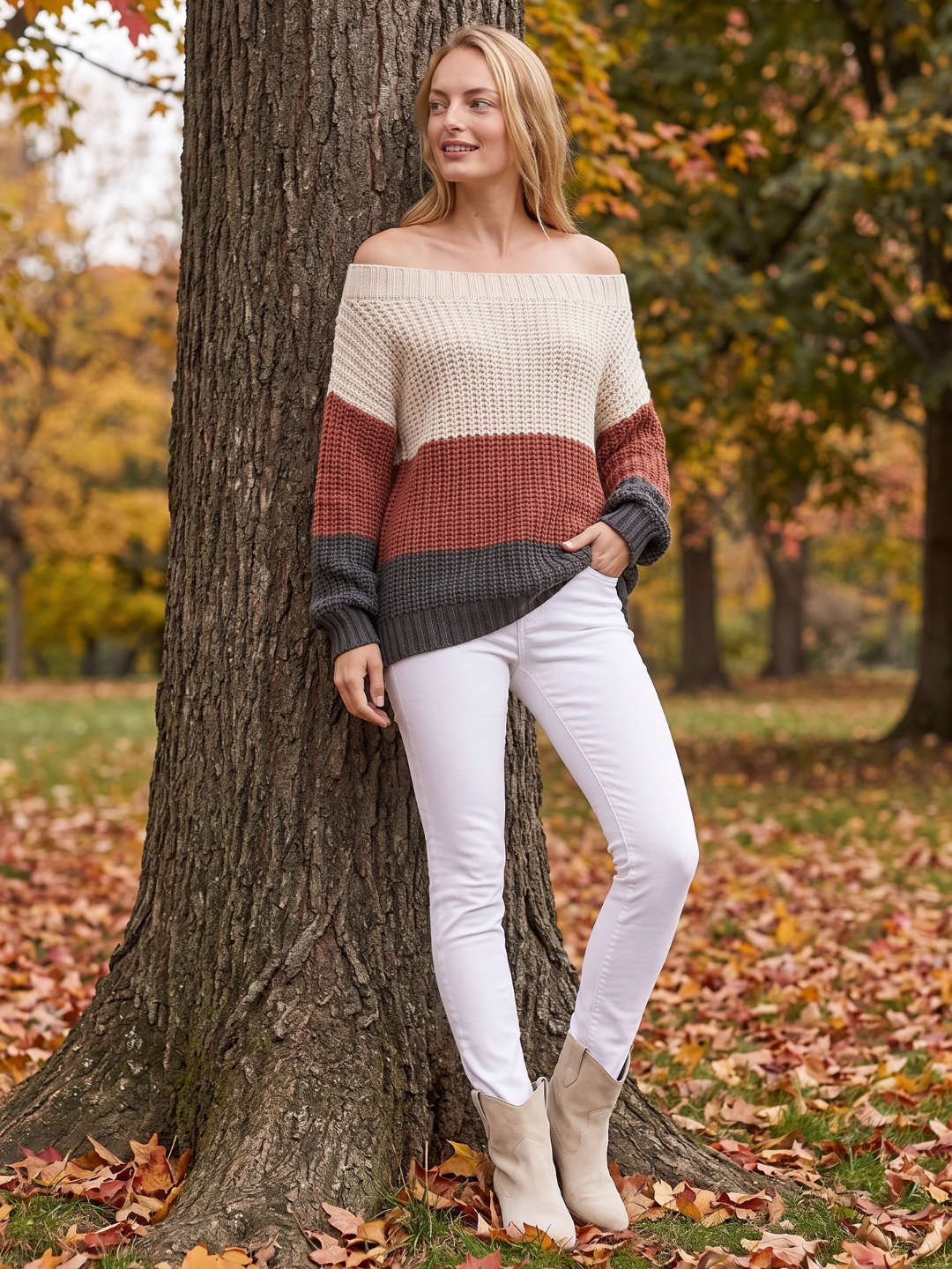 Off-Shoulder Striped Knit Sweater