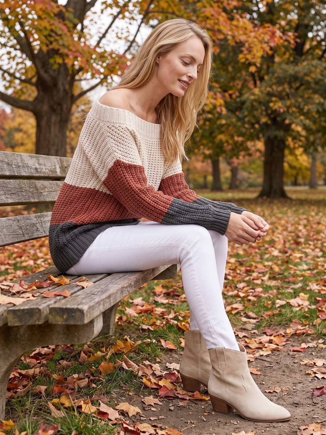 Off-Shoulder Striped Knit Sweater