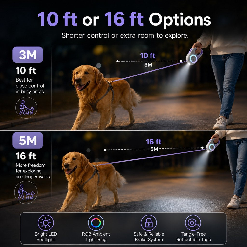 LED Retractable Dog Leash for Night Walks - Light-Up Dog Leash with Built-In Spotlight, RGB Side Glow & One-Touch Brake for Safer Evening Walks