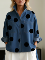Elegant Artistic Polka Dot Print Stand-collar Denim Top