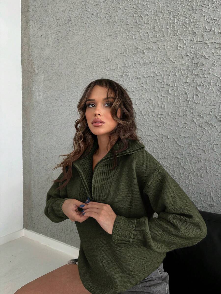 Oversized Half Zip Jumper with Fold Over Collar