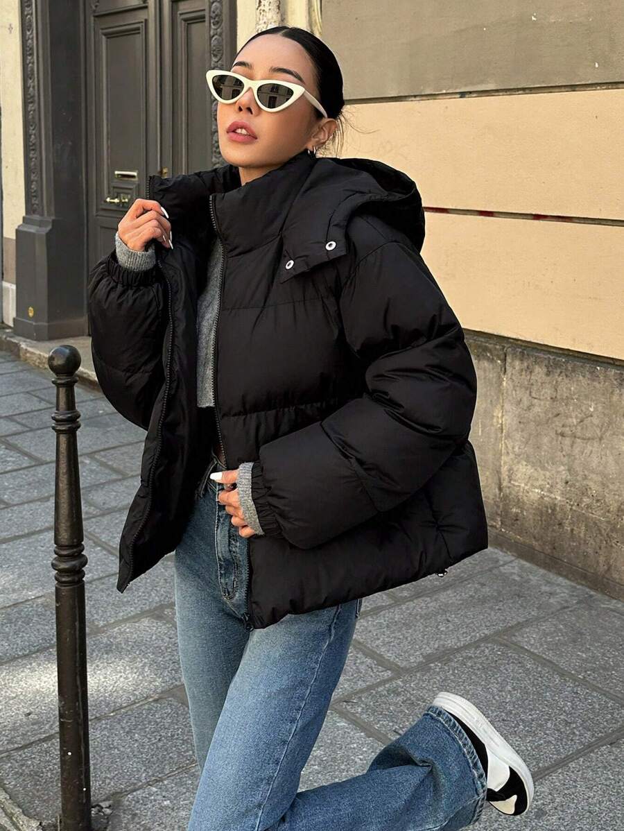 Oversized Hooded Puffer with Drawstring Hem