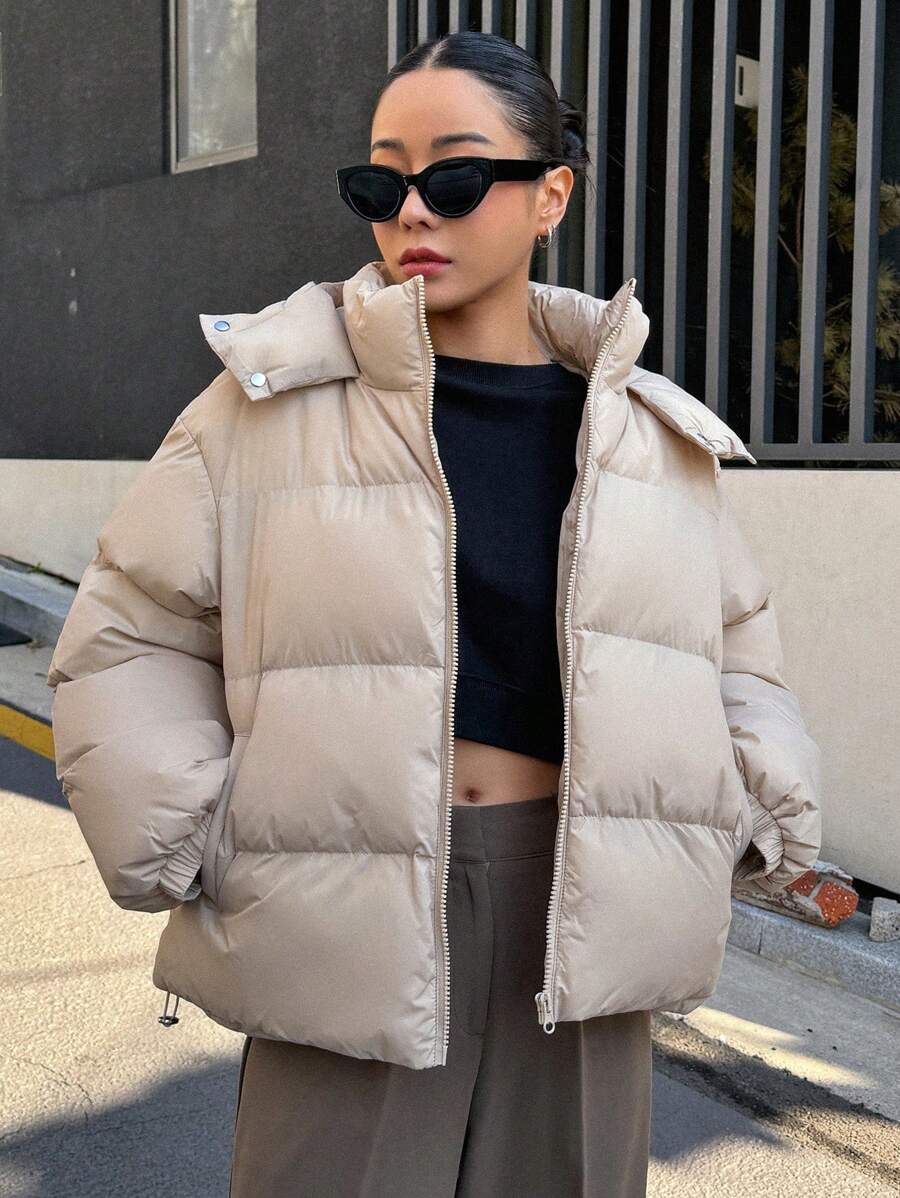 Oversized Hooded Puffer with Drawstring Hem