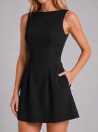 Women's Sleeveless A-Line Mini Dress, Boat Neck, Structured Fit
