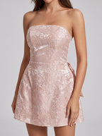 Women's Strapless Jacquard Mini Dress, Floral Brocade, Bow Back