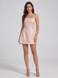 Women's Strapless Jacquard Mini Dress, Floral Brocade, Bow Back
