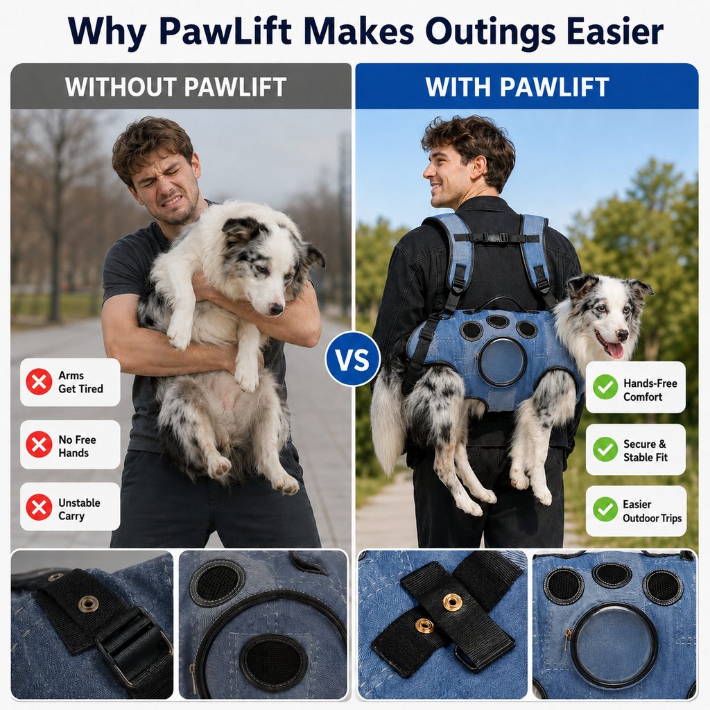 Denim Hands-Free Dog Carrier Backpack Harness for Walks, Shopping & Outdoor Trips - Carry Tired Dogs Without Arm Strain