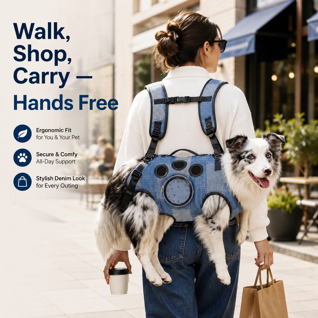 Denim Hands-Free Dog Carrier Backpack Harness for Walks, Shopping & Outdoor Trips - Carry Tired Dogs Without Arm Strain