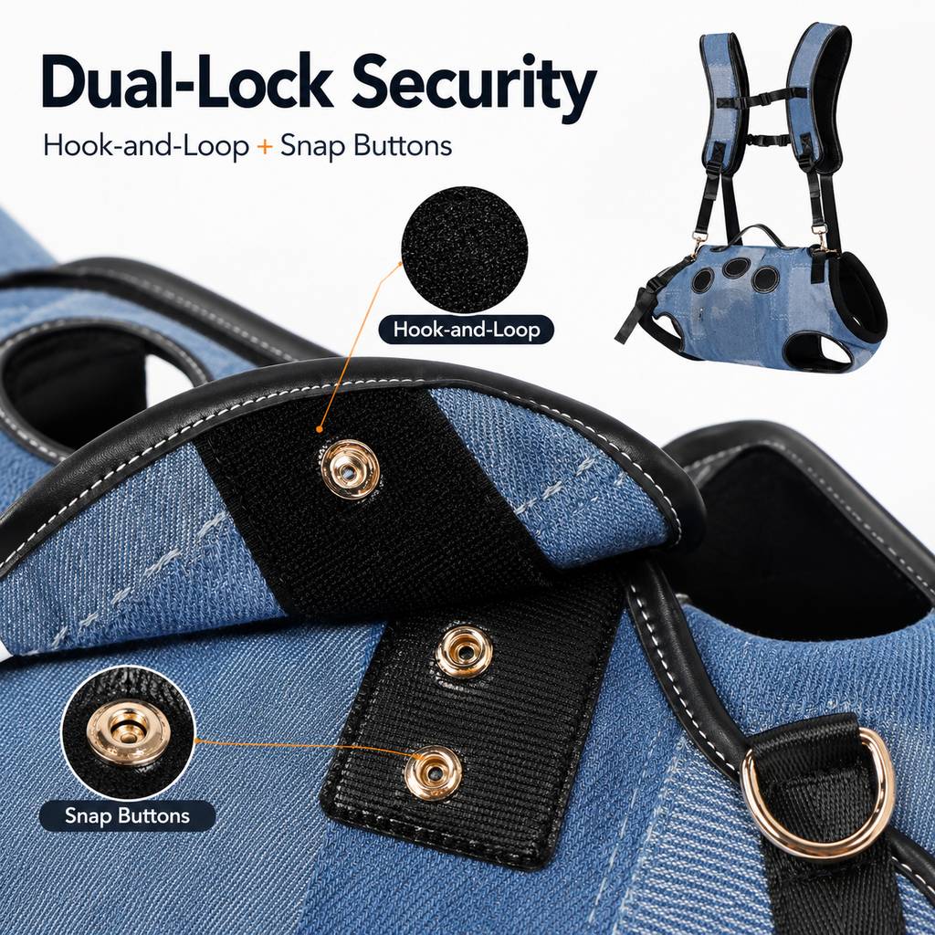 Denim Hands-Free Dog Carrier Backpack Harness for Walks, Shopping & Outdoor Trips - Carry Tired Dogs Without Arm Strain