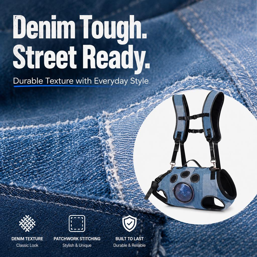 Denim Hands-Free Dog Carrier Backpack Harness for Walks, Shopping & Outdoor Trips - Carry Tired Dogs Without Arm Strain