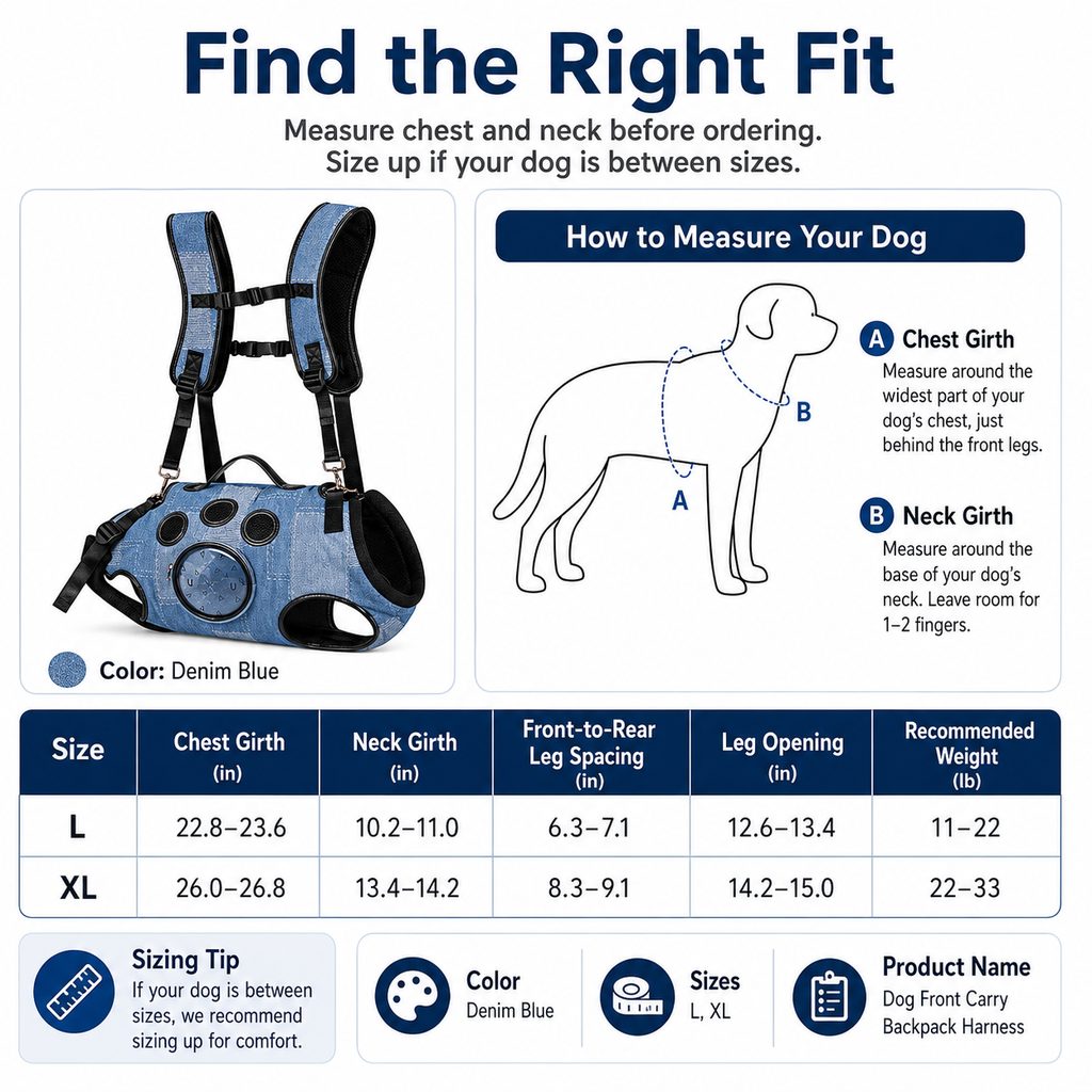 Denim Hands-Free Dog Carrier Backpack Harness for Walks, Shopping & Outdoor Trips - Carry Tired Dogs Without Arm Strain