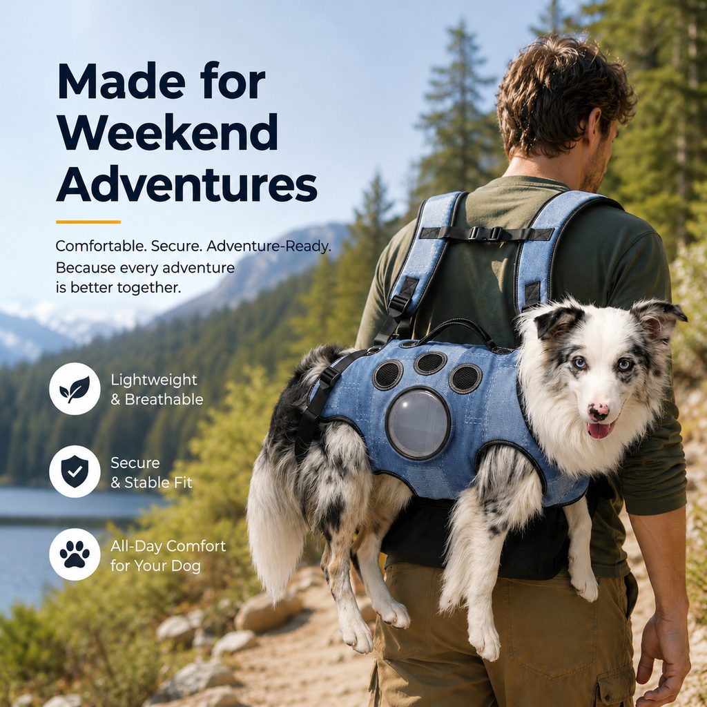 Denim Hands-Free Dog Carrier Backpack Harness for Walks, Shopping & Outdoor Trips - Carry Tired Dogs Without Arm Strain