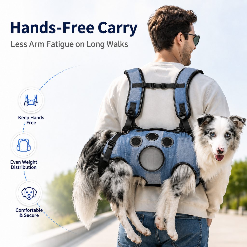 Denim Hands-Free Dog Carrier Backpack Harness for Walks, Shopping & Outdoor Trips - Carry Tired Dogs Without Arm Strain