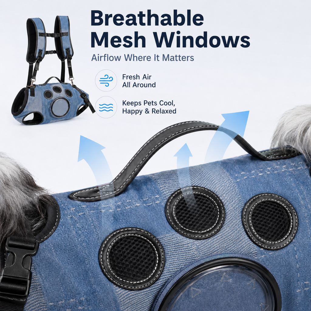 Denim Hands-Free Dog Carrier Backpack Harness for Walks, Shopping & Outdoor Trips - Carry Tired Dogs Without Arm Strain