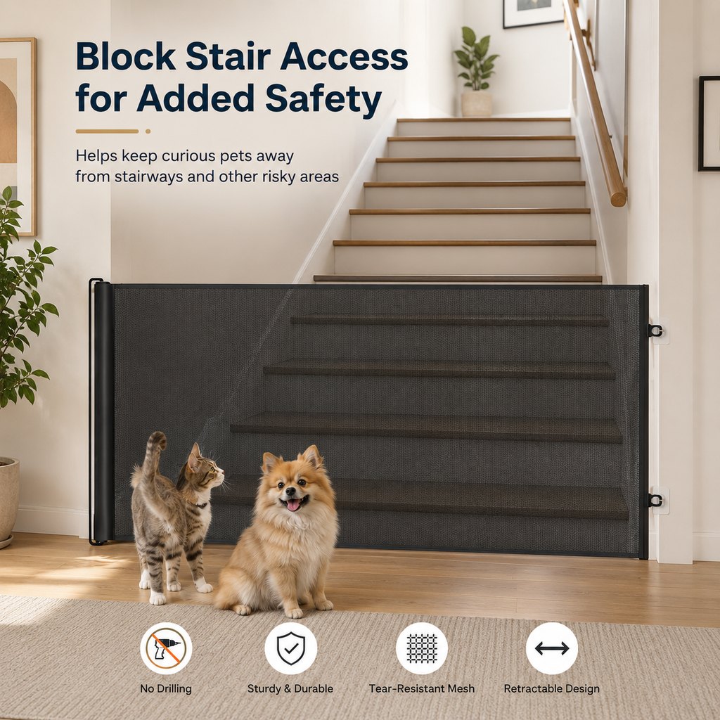 No-Drill Retractable Pet Gate for Doorways, Kitchens & Stairs - Keep Cats and Dogs Safely Out of Off-Limit Areas