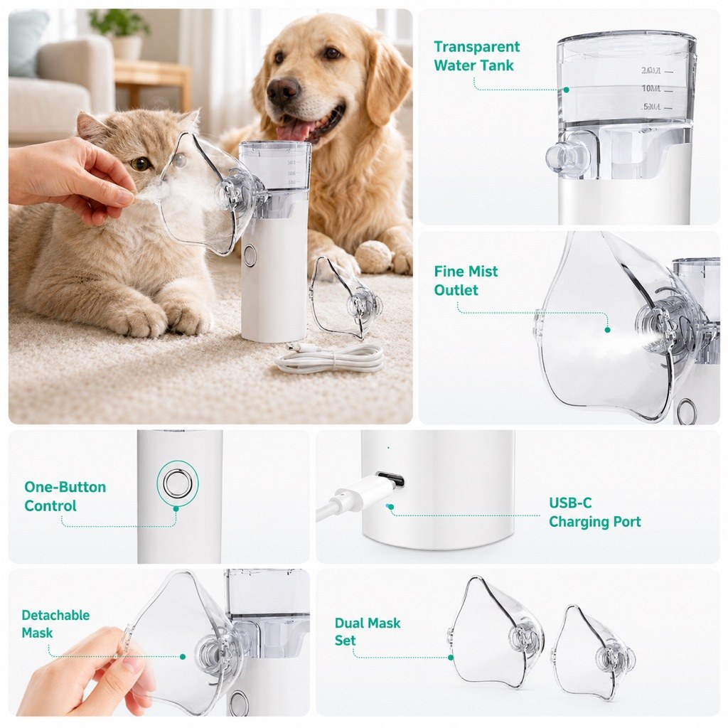 Portable Pet Nebulizer Care Kit for Cats & Dogs - Quiet Mist Device for Senior & Sensitive Pets