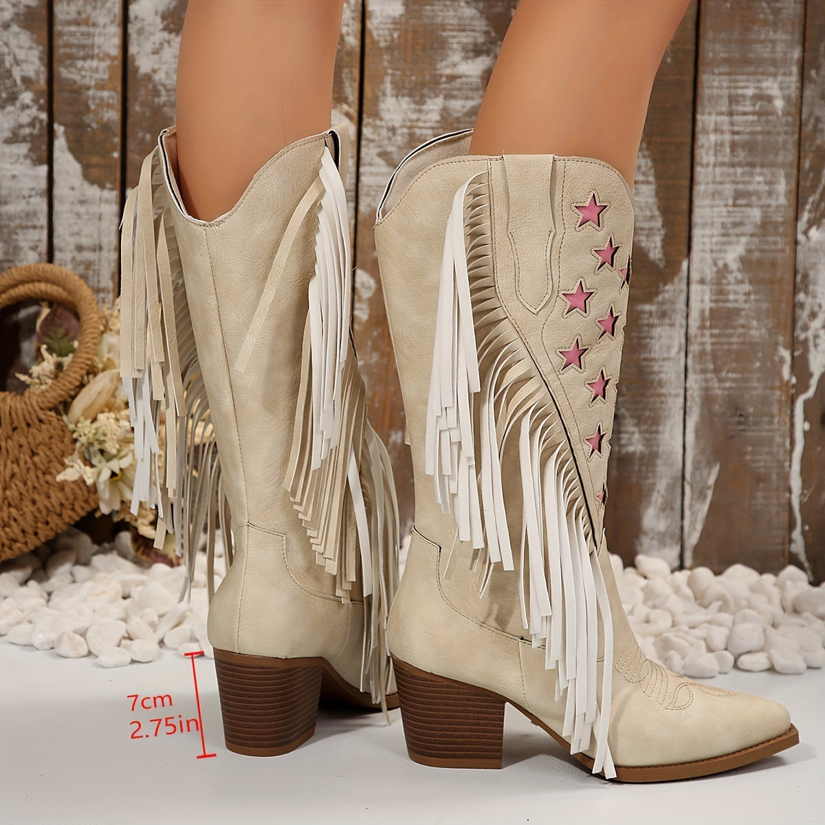 Pink Star Fringed Western Knee High Boots