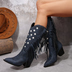 Pink Star Fringed Western Knee High Boots