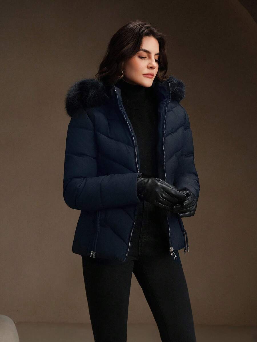 Plush Trim Hooded Puffer Jacket with Drawcord Hem