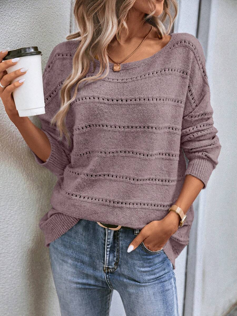 Pointelle Knit Boat Neck Pullover