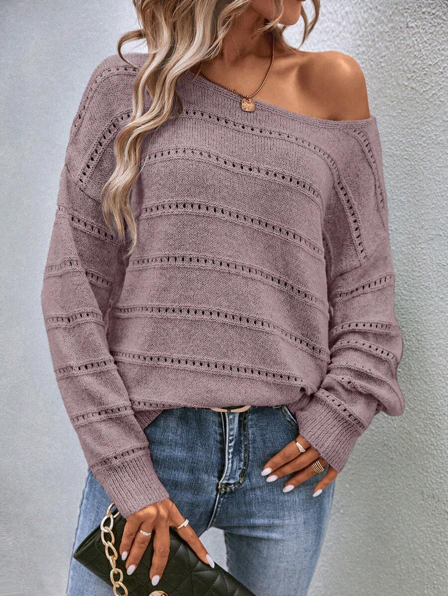 Pointelle Knit Boat Neck Pullover