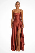 Polly | Women's Cowl Neck Ruffle Wedding Guest Maxi Dress with Spaghetti Straps