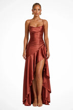Polly | Women's Cowl Neck Ruffle Wedding Guest Maxi Dress with Spaghetti Straps