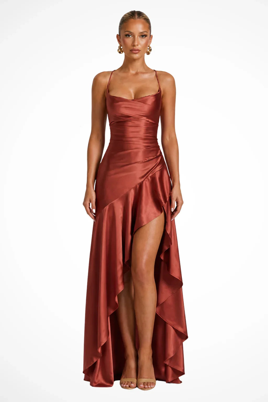 Polly | Women's Cowl Neck Ruffle Wedding Guest Maxi Dress with Spaghetti Straps