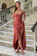 Polly | Women's Cowl Neck Ruffle Wedding Guest Maxi Dress with Spaghetti Straps