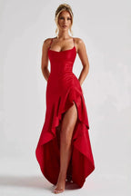 Polly | Women's Cowl Neck Ruffle Wedding Guest Maxi Dress with Spaghetti Straps