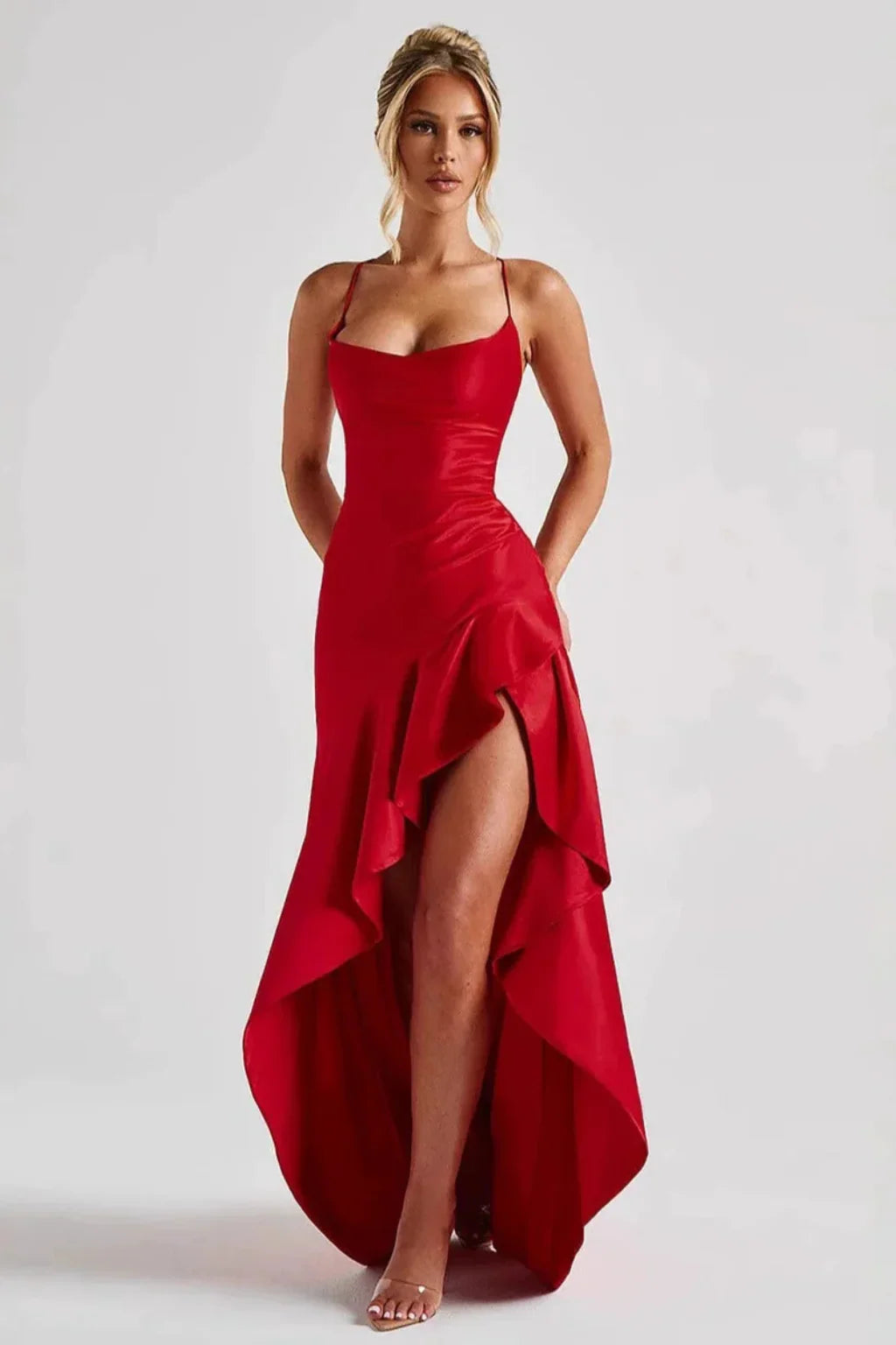 Polly | Women's Cowl Neck Ruffle Wedding Guest Maxi Dress with Spaghetti Straps